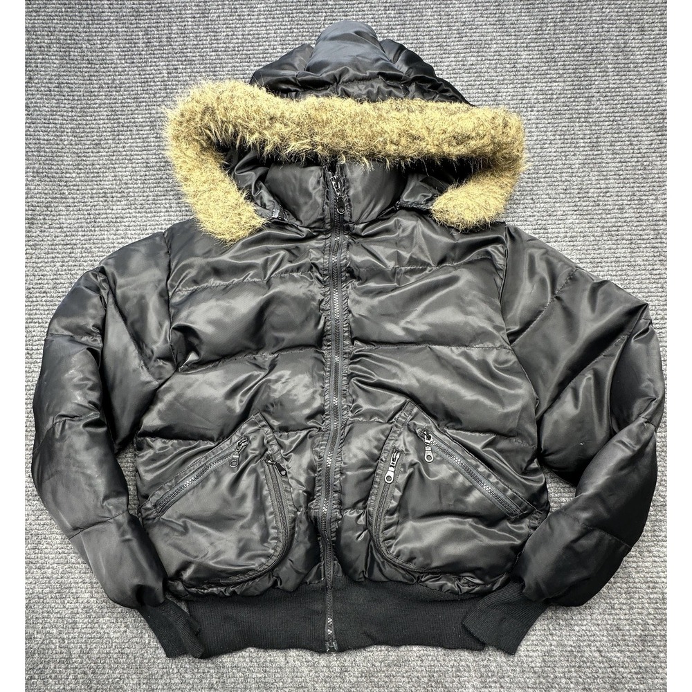 Army Navy Jacket Womens Large Black Puffer Hooded Faux Fur Zip‎ Bomber Pockets